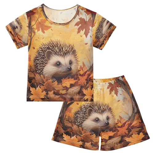 ALAZA Hedgehog Maple Leaf Pajamas Set Short Sleeve Cotton Sleepwear Summer Pjs 2 Piece 5-14Y