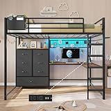 DICTAC Twin Loft Bed with L-Shaped Desk and 7 Storage Drawers,Metal Twin Size Loft Bed for Kids with LED Lights and Charging Station,13.11' H Safety Guardrail and Ladder,No Box Spring Needed, Black