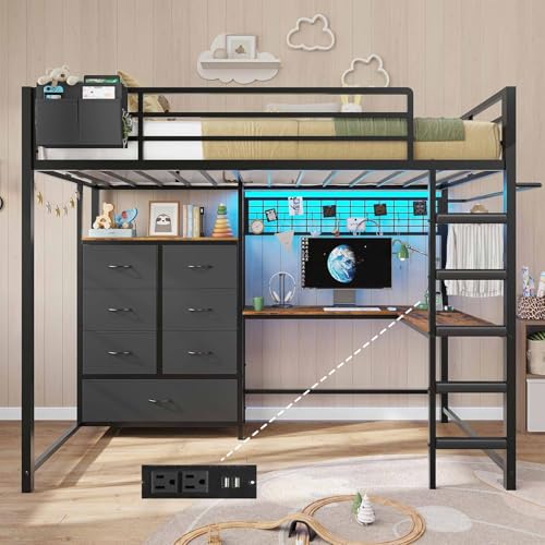 DICTAC Twin Loft Bed with L-Shaped Desk and 7 Storage Drawers,Metal Twin Size Loft Bed for Kids with LED Lights and Charging Station,13.11' H Safety Guardrail and Ladder,No Box Spring Needed, Black