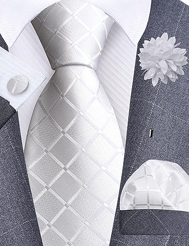 Image of GUSLESON 3.15 inch(8cm) Mens Tie and Lapel Pin Plaid Checkered Necktie Hankerchief Cufflinks Set for Men