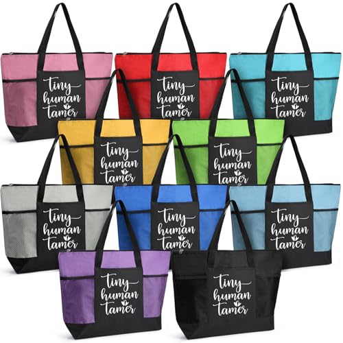 Locmeo 10 Pcs Daycare Babysitter Tote Bags with Mesh Pocket Daycare Teacher Thank You Gift Teacher Appreciation Week Gifts (Babysitter)