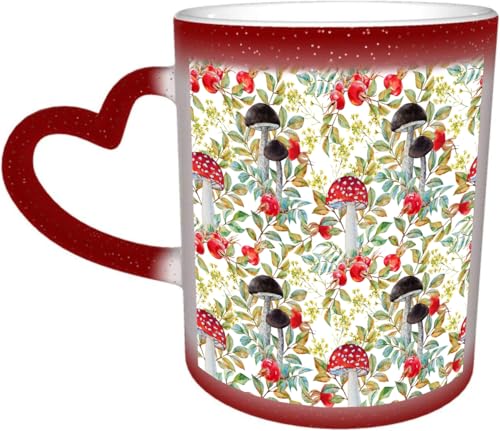 DOHXQM Taza Café cerámica, Taza de café con efecto térmico y cambio de color 330 ml Taza Mágica Regalo interesante,Patrón otoñal de acuarela con rosas silvestres, bayas rojas y hongos, papel tz retro