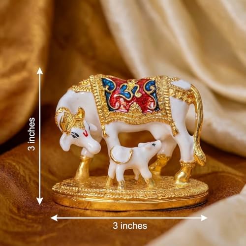 Image of Resin Kamdhenu Cow with Calf Statue for Vastu & Good Luck Show Piece | Idol for Home Decor & Housewarming & Wedding Return Gift (3 Inches) (White)