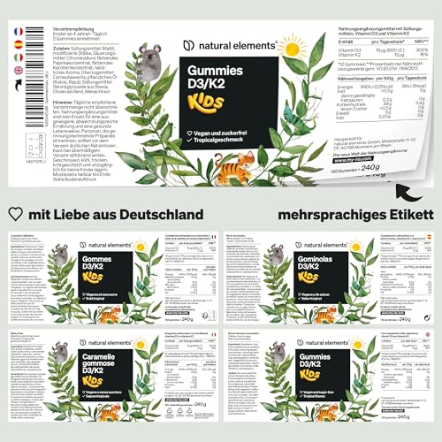 natural elements Vitamin D3 K2 Gummies KIDS – 120 fruchtige Gummies – vegan, zuckerfrei – Tropicalgeschmack – Markenrohstoff K2VITAL® – optimale Dosierung für Kinder – laborgeprüfte Qualität 5