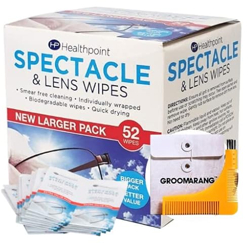 Healthpoint Glasses Wipes - 624 Individually Wrapped Lens Wipes - Also Suitable for Cameras, Binoculars & Smartphone Screens (12 Extra Value Packs of 52 = 624 Wipes) Plus Groomarang! Cover