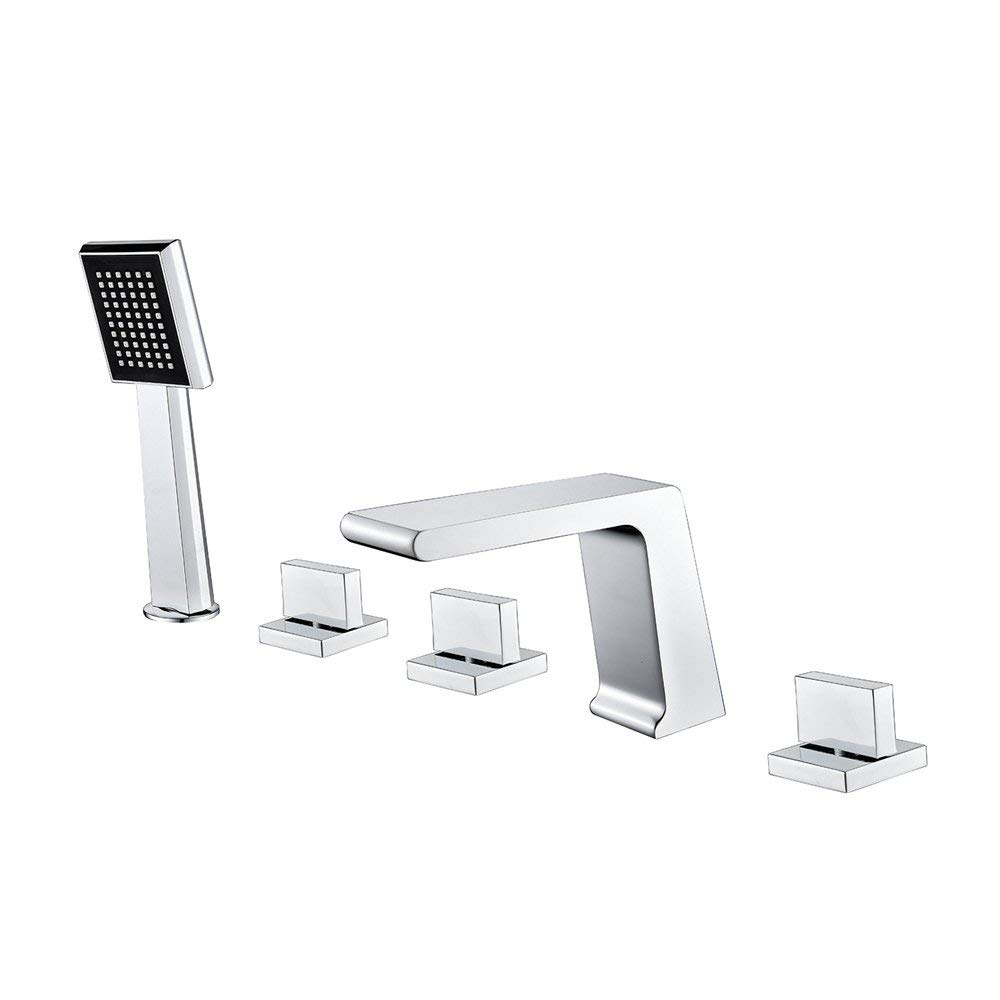 CWCQGH Waterfall Tub Filler Faucet with ABS Handheld Shower Head, Widespread Tub Faucet Set Deck Mount 5 Holes Bathtub Faucet Chrome Tub Tap for Bathroom