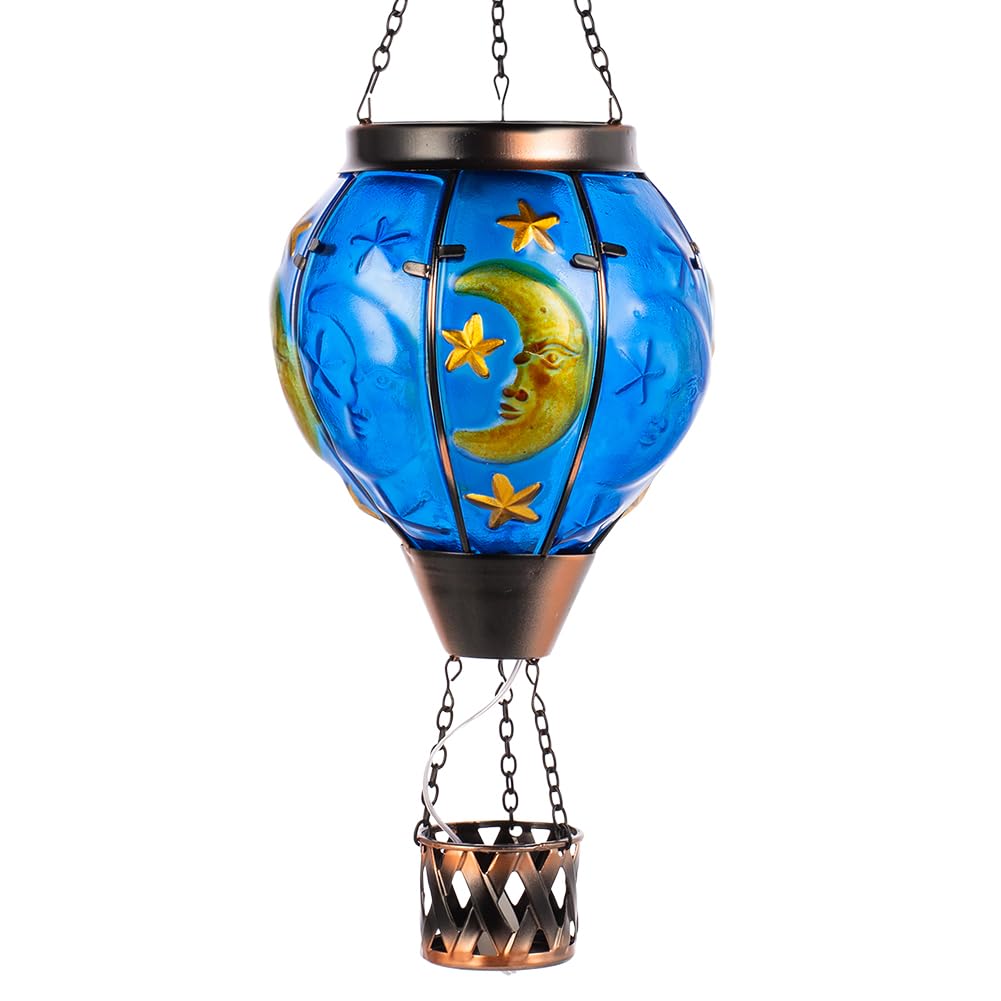Moon Pattern Hot Air Balloon Solar Lantern with Flickering Flame , Hanging Outdoor Lantern Light Glass Waterproof Decor for Patio, Porch, Garden