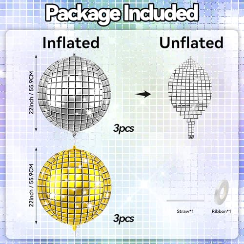 Image of 6pcs 22 Inch Gold Silver Disco Ball Balloons, Silver and Gold Big Disco Balloons, 4d Large Foil Aluminum Balloon For Birthday Baby Shower 70s 80s 90s Theme Party Wedding Engagement Graduation Decor