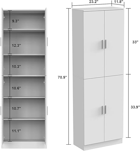 Miniatura 2 de ECACAD Despensa de cocina con 4 puertas y estantes ajustables, armario de almacenamiento de madera de 6 niveles, armario de cocina independiente