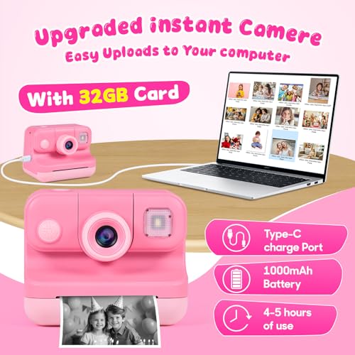 Image of Kids Instant Print Camera with Carrying Bag, 1080P HD Girl Camera with 4 Print Paper Rolls, Color Pens & 32GB Card, Christmas Birthday Gifts Kids Girl Toys for 3-12 Years Old (Pink)