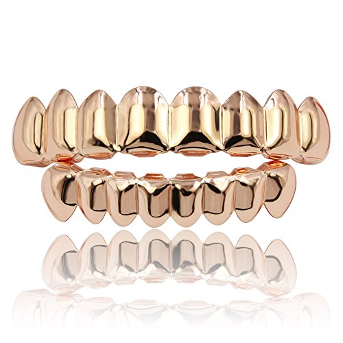 JINAO 18K Gold Plated Gold Finish 8 Top Teeth 8 Bottom Tooth Grillz Hip Hop Mouth Grills for Men Women (Rose Gold Set)