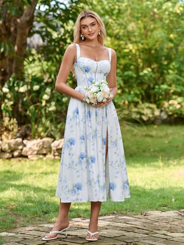 Image of KUTUMAI Floral Corset Midi Dress Flowy Slit Summer Spring Wedding Guest Dresses for Women Sundress with Pockets