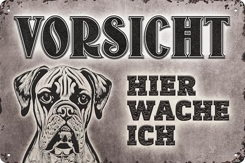 30 x 20 cm wetterfestes Hunde Blechschild, Warnhinweis, Torschild, Vorsicht - Hier Wache ich! (Boxer)