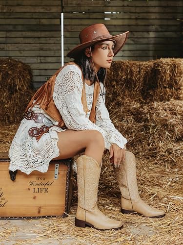 Image of Western Cowboy Boots for Women Knee High Cowgirl Boots with Classic Embroidered, Pointed Toe Chunky Heel Fashion Retro Classic Pull On Tall Boot Women Fall Winter