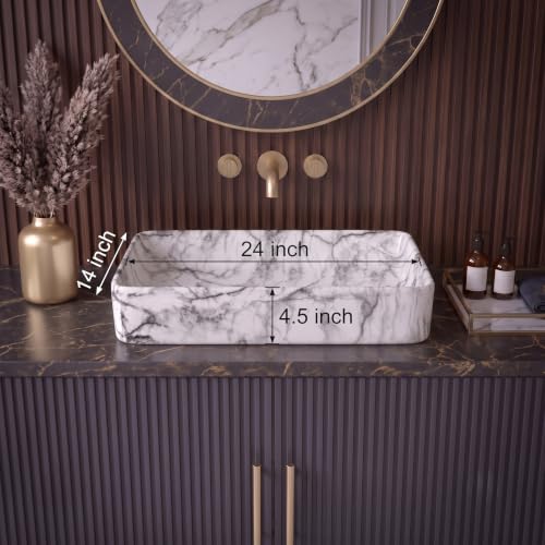 Image of Wash Basin Countertop | Tabletop Ceramic Bathroom Sink | Wash Basin Over Counter (Designer White Grey, 24 x 14 x 5 Inch)