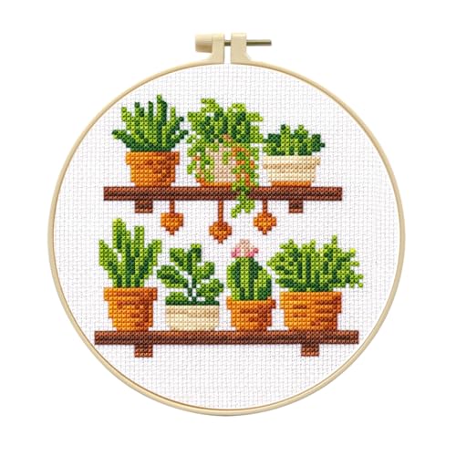 Zhenqing Kit de punto de cruz para plantas de madera para principiantes, 11 ct impreso 24 x 24 cm con aro, juego de bordado de suculentas en maceta (70978)