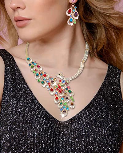 Campsis Gold Bride Wedding Statement Necklace Bridal Crystal Peacock Neckalce Earrings Jewelry Set for Women(Multicolor) - Image 5