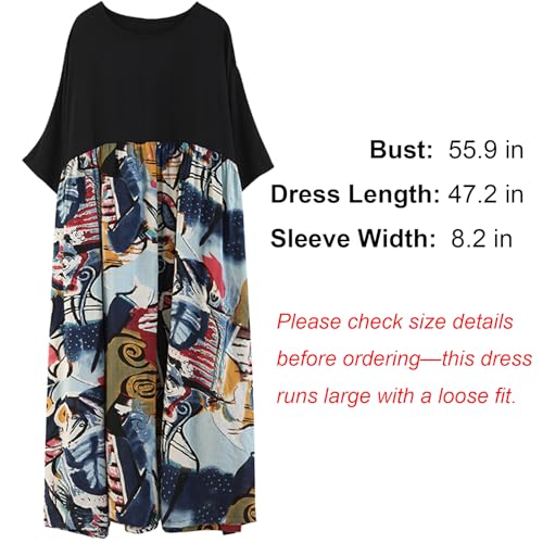 Image of Women's Oversized Dress Plus Size Summer Dress Artsy Print Pathwork | Loose, Oversized Cut Baggy Dresses. O Neck with Pockets. Breathable Viscose Fabric for Summer. Colorful Print Patchwork