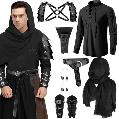 Kaxtde Mittelalter Kleidung Herren 7 Stück Renaissance Set Herren mit Piratenhemd Lang Hose Gürtel Handgelenkgurt Mittelalter Viking Kostüm für Cosplay Maskerade Halloween Karneval