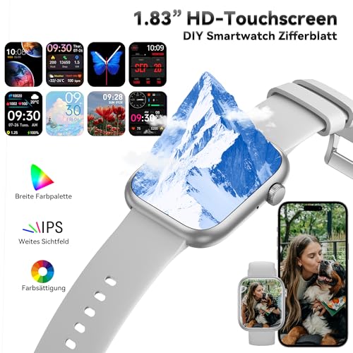 Smartwatch Damen Herren, 1.83" HD Fitness Tracker mit Schrittzähler/Blutdruckmessung/Pulsuhren/Telefonfunktion, Schlaftracker… – Ansicht 6