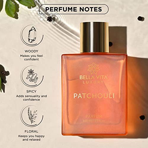 Image of Bella Vita Luxury Patchouli Parfum Unisex Perfume For Men & Women with Indonesian Patchouli Leaf & White Musk | Long Lasting Sweet, Spicy & Smoky Fragrance, 100 ML