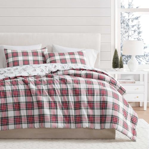 Martha Stewart - Queen Bedding Comforter Sets, Wonderfully Plush & Naturally Soft Cotton Flannel Bedding w/Matching Pillowcases, 3 Piece Bed Sets (Yuletide Spruce Plaid/Holiday Ribbons Red)
