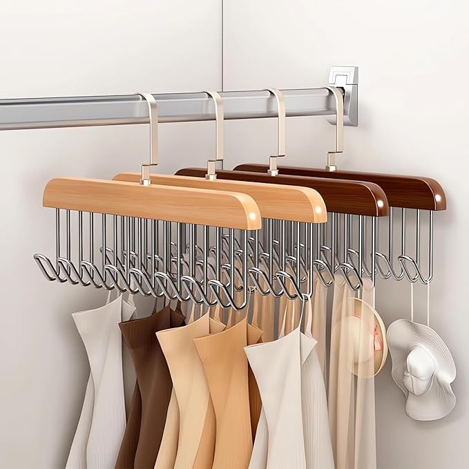 Image of VELVERI 2 Pcs Anti-Slip Multi-Hook Coat Rack | 360 Swivel Wooden Hanger with 8 Hooks | Multifunctional Space Saving Closet Organizer for Belts, Ties, Scarves, Socks, Clothes and Accessories