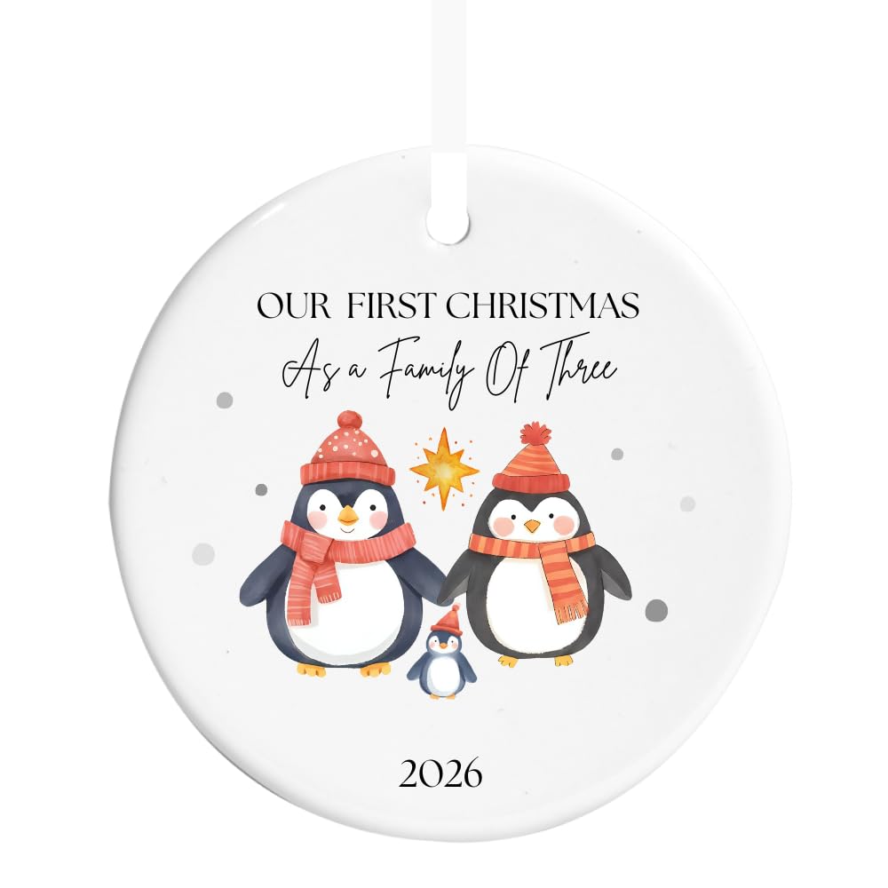 Maisie Moo Gifts Limited White, Pastel, Traditional Holiday Colors Our First Christmas As A Family Of Three/Four/Five Watercolour Penguin Design Ceramic Bauble Ornament - New Parents And Baby's First (Family Of Three)
