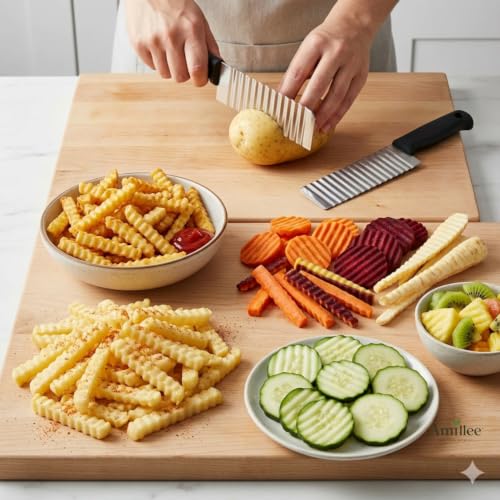 Image of Stainless Steel Potato Crinkle Cutter Knife Fork Slicing Helper Vegetable Wavy Multi-Function Chopper Knife, Safe Potato Cutter Onion Cutter French Fry Cutter