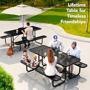 Metalpicnictablesforoutdoorswithumbrellaholecoatedsteelheavydutycommercialgradetablewithadjustableseatspatiofurnituresetforalifetime6rectangularblack Urban Country Home Decor Metal picnic tables for outdoors with umbrella hole coated steel heavy duty commercial grade table with adjustable seats patio furniture set for a lifetime 6 rectangular black urban country home decor