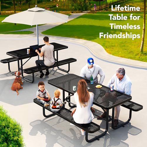 Metalpicnictablesforoutdoorswithumbrellaholecoatedsteelheavydutycommercialgradetablewithadjustableseatspatiofurnituresetforalifetime6rectangularblack Urban Country Home Decor Metal picnic tables for outdoors with umbrella hole coated steel heavy duty commercial grade table with adjustable seats patio furniture set for a lifetime 6 rectangular black urban country home decor
