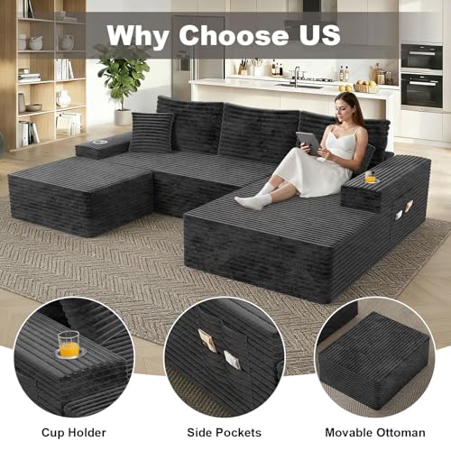 Image of Cloud Modular Sectional Couch with Ottoman, Comfort U Shaped Sofa Built-in Cup Holder & Storage Pocket for Living Room Bedroom, No Assembly Required (Dark Gray, Left Facing Chaise)
