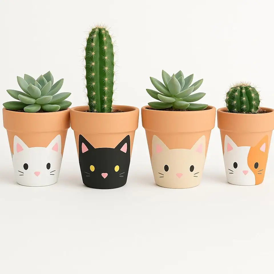 Kit 4 Vasos de Cerâmica Gatinho De Suculentas e Cactos – Decorativos, Feitos à Mão, Estilo Fofo para Jardim, Varanda ou Presente Criativo"