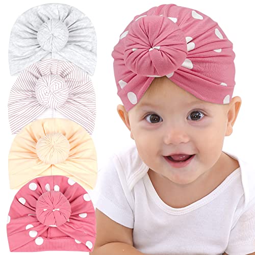 Baby Turban Hats, 4PCS Baby Girl Hats Toddler Hospital Hat Newborn Turban Headwrap Infant Turban Beanie Hat for 0-6 Months