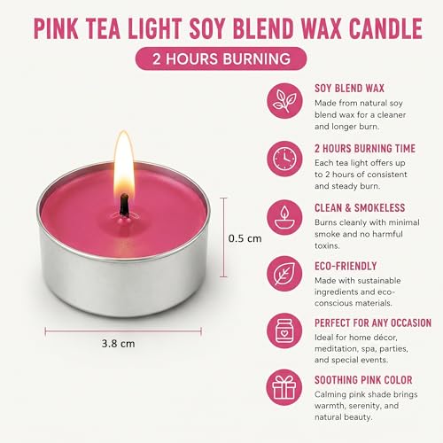 Image of Unscented Tea Light Candles | Soy Wax Blend Long-Lasting with Cotton Wick | Perfect for Home Decor, Parties, Weddings, and More | Set of 100 (Pink)