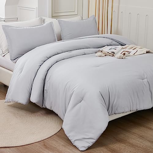 image for Litanika Light Grey Comforter Queen Size, 3 Pieces Lightweight Solid B