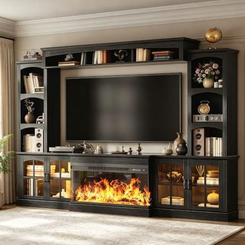 Image of MXV 98 inch Farmhouse Fireplace TV Stand, Large Wall Unit Entertainment Center with 36 inch Electric Fireplace, Media Console with Storage Cabinets and Open Shelves for Living Room, Black