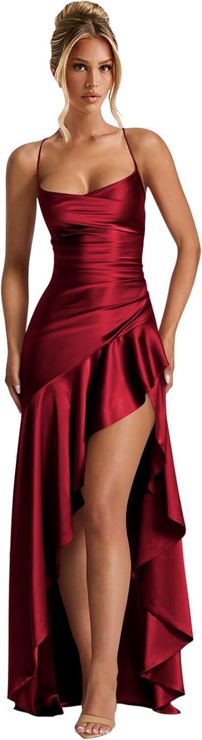 Mermaid Satin Prom Dresses for Women Spaghetti Straps V Neck Ruffle Slit Long Formal Evening Gown