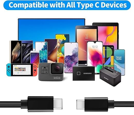 Image of Original Type C to C Mobile Data Charging Cable for Samsung Galaxy A54 /A15 /A14 /A34 /A23,F54 /F34 /F23 /F14,M14 /M34 /M33 /S21 fe /S22 /S23 /S23 Fe 5G /S24 / SuperFast Transfer Power Delivery Cabel, Black (VIP-3)