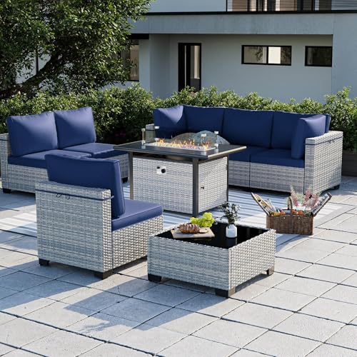 Image of 8-Piece Modern Patio Furniture Set with 55,000 BTU Fire Pit Table, Thick Cushions, Dual-Strand Wicker Rattan, Rust-Resistant Frame, Navy Blue