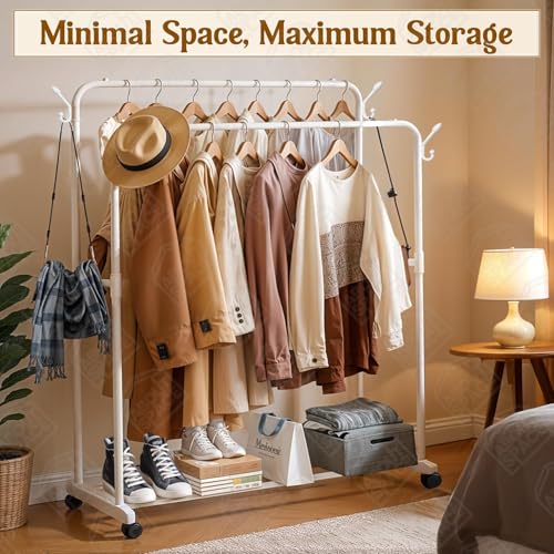 Image of Wings Star Double Pole 2 Layer Bars Cloth Stand - Freestanding Metal Garment Rack with Bottom Storage, Side Hooks & Caster Wheels - Cloth Rack for Bedroom Living Room (White L110.5 x B45 x H 149.5cm)