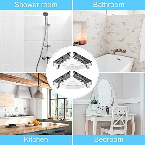 DUFU Shower Shelf Corner, No Drilling Stainless Steel Shower Shelves Wall Mounted Self Paste Silver Shower Caddy Storage Basket Bathroom Kitchen Organizer with Hooks, 2 Tier