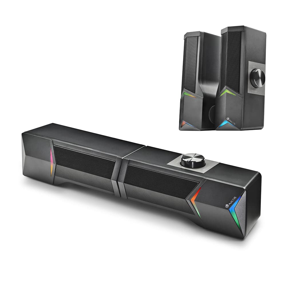 NGS GSX-B1200 - Barra de Sonido 2.0 Gaming, Diseño Desmontable 2 en 1, 12W de Potencia, Luces RGB, Compatible con Tecnología Bluetooth 5.0 + Entrada Jack
