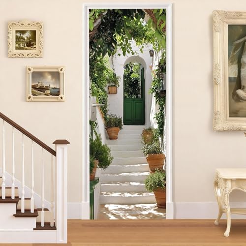 Door Wallpaper 30.31 × 78.74 Inch Mediterranean Courtyard with Green Door and White Steps Natural Garden Scene Door Mural Rustic Summer Decorative Sticker for Home Entryway