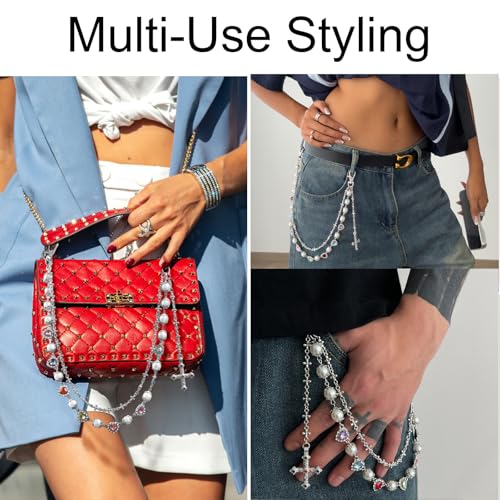 Image of Y2K Pearl Pants Chain Streetwear Jewelry- Unisex Layered Wallet Chain with Heart Cross Pendant, Punk Aesthetic Jeans Keychain Accessory for Men Women
