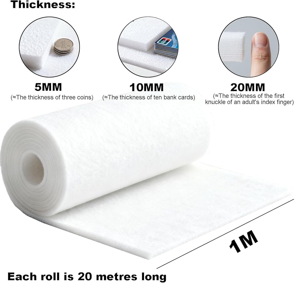 Rollo de algodón de filtro de aire de poliéster de 1 × 20 m, medios de filtro cortables para sistemas de ventilación y HVAC, disponible en 5 mm, 10 mm, 20 mm de grosor (tamaño: 10 mm)
