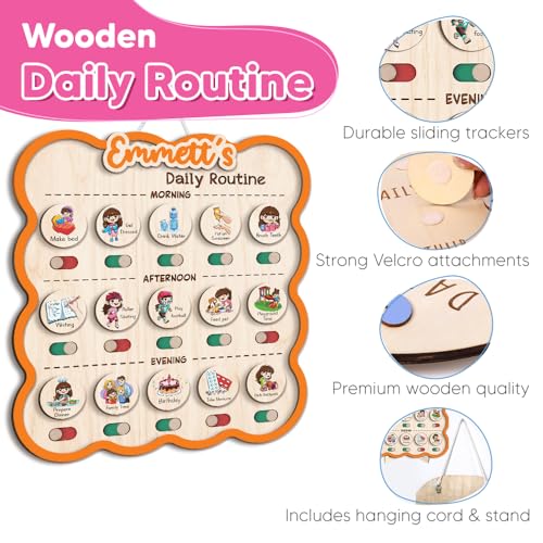 Image of Personalized Wooden Chore Chart for Kids, Daily Routine Chart for Toddlers, Visual Schedule for Kids Age 3-5, Morning Bedtime Routine for Girls (06)