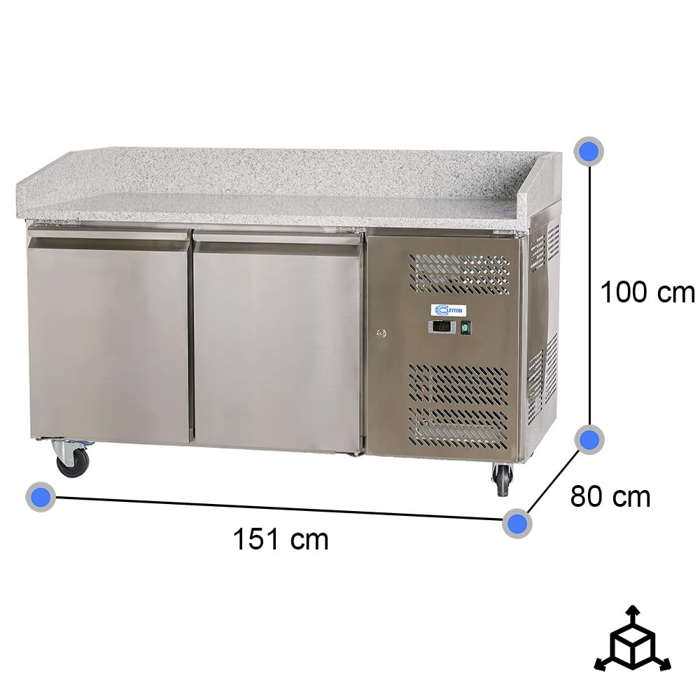 Cleiton Romux® Mesa Pizzera Refrigerada de Preparación de 2 Puertas de 150x80 cm con Superficie de Trabajo de Mármol | Mesa Refrigerada Pizzas