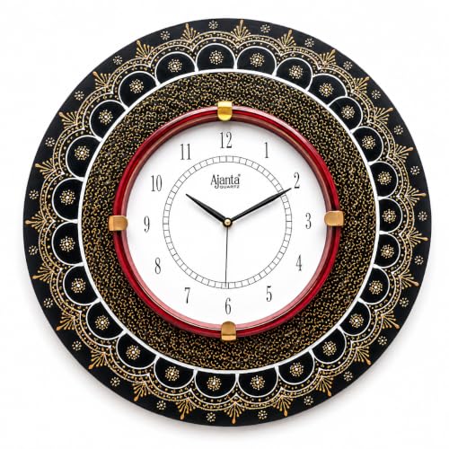 Image of Ajanta Quartz 13-Inch Round Wall Clock (33 x 33 cm) ? Premium Black & Gold Traditional Mandala Design | Decorative Ethnic Wall Watch with Tick-Tack Sound for Living Room, Home and Office