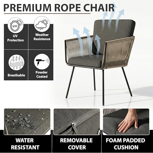 Image of BRISHI Garden Patio Seating Chair and Table Set Outdoor Balcony Garden Coffee Table Set Furniture with 1 Table and 2 Chairs Set Braid & Rope (Grey)